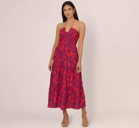 Adrianna Papell Abstract Flower Print Maxi Dress With Halter Neckline In Purple Red PURPLE-RED Discount