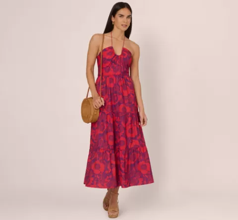 Adrianna Papell Abstract Flower Print Maxi Dress With Halter Neckline In Purple Red PURPLE-RED Discount