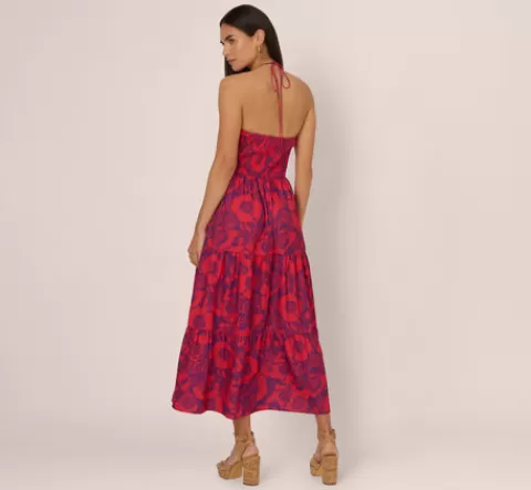 Adrianna Papell Abstract Flower Print Maxi Dress With Halter Neckline In Purple Red PURPLE-RED Discount