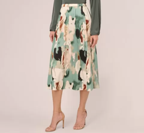 Adrianna Papell Abstract Print A Line Satin Midi Skirt In Dusty Seafoam Watercolor DUSTYSEAFOAMWATERCOLOR Best Sale