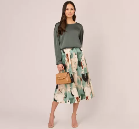 Adrianna Papell Abstract Print A Line Satin Midi Skirt In Dusty Seafoam Watercolor DUSTYSEAFOAMWATERCOLOR Best Sale