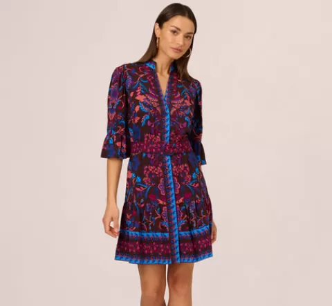 Adrianna Papell Abstract Print Button Down Dress With Three Quarter Bell Sleeves In Brown Multi BROWNMULTI New