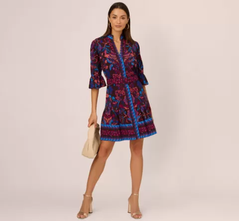 Adrianna Papell Abstract Print Button Down Dress With Three Quarter Bell Sleeves In Brown Multi BROWNMULTI New