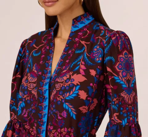 Adrianna Papell Abstract Print Button Down Dress With Three Quarter Bell Sleeves In Brown Multi BROWNMULTI New
