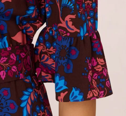 Adrianna Papell Abstract Print Button Down Dress With Three Quarter Bell Sleeves In Brown Multi BROWNMULTI New