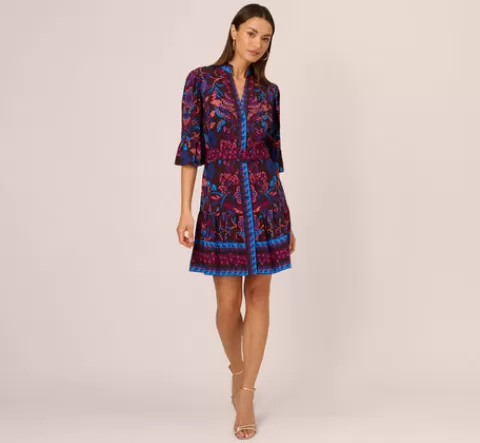 Adrianna Papell Abstract Print Button Down Dress With Three Quarter Bell Sleeves In Brown Multi BROWNMULTI New