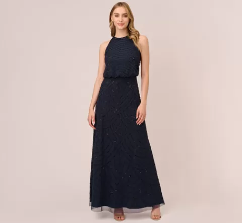Adrianna Papell Art Deco Beaded Blouson Dress With Halter Neckline In Navy Black NAVY-BLACK Best