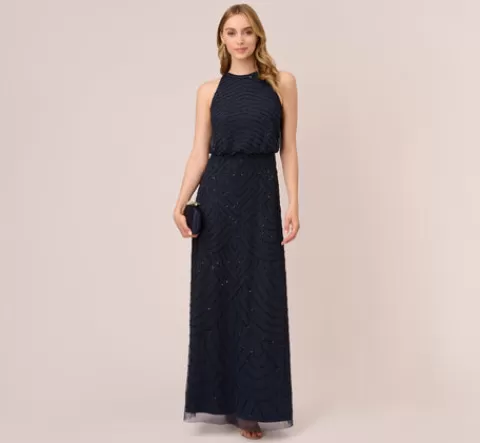 Adrianna Papell Art Deco Beaded Blouson Dress With Halter Neckline In Navy Black NAVY-BLACK Best