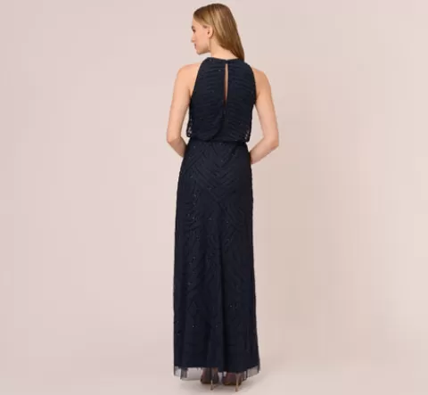 Adrianna Papell Art Deco Beaded Blouson Dress With Halter Neckline In Navy Black NAVY-BLACK Best
