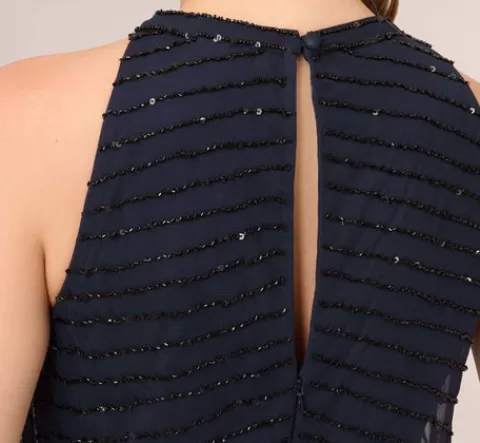 Adrianna Papell Art Deco Beaded Blouson Dress With Halter Neckline In Navy Black NAVY-BLACK Best