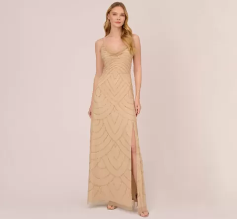 Adrianna Papell Art Deco Beaded Mermaid Gown With Cowl Neckline In Champagne Gold CHAMPAGNE-GOLD Flash Sale
