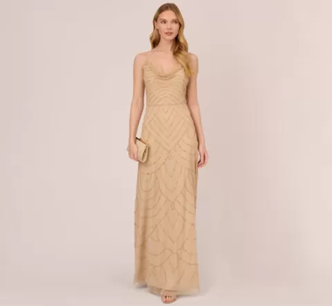 Adrianna Papell Art Deco Beaded Mermaid Gown With Cowl Neckline In Champagne Gold CHAMPAGNE-GOLD Flash Sale