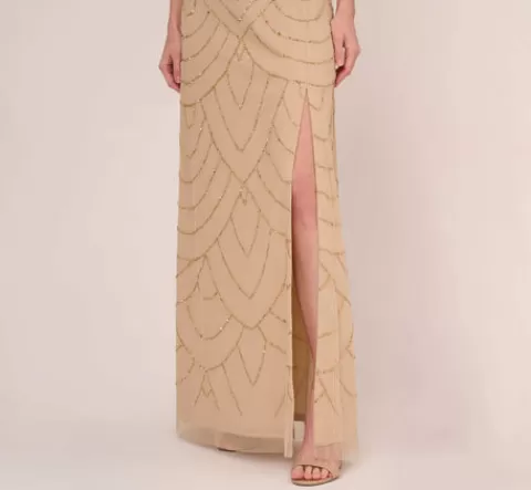 Adrianna Papell Art Deco Beaded Mermaid Gown With Cowl Neckline In Champagne Gold CHAMPAGNE-GOLD Flash Sale
