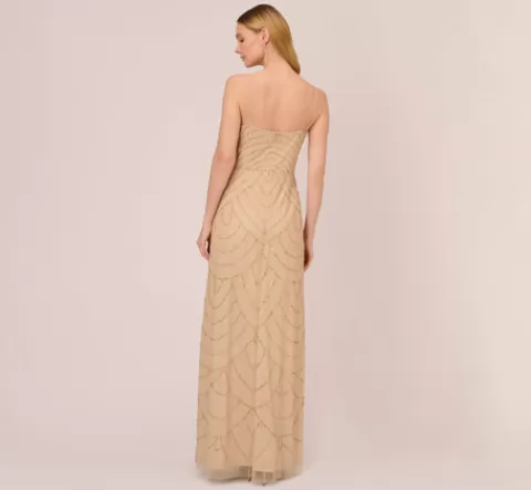 Adrianna Papell Art Deco Beaded Mermaid Gown With Cowl Neckline In Champagne Gold CHAMPAGNE-GOLD Flash Sale