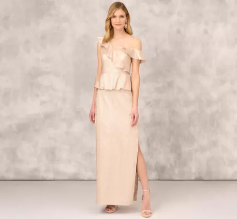 Adrianna Papell Asymmetrical Column Gown With Ruffle Details In TAUPE Shop