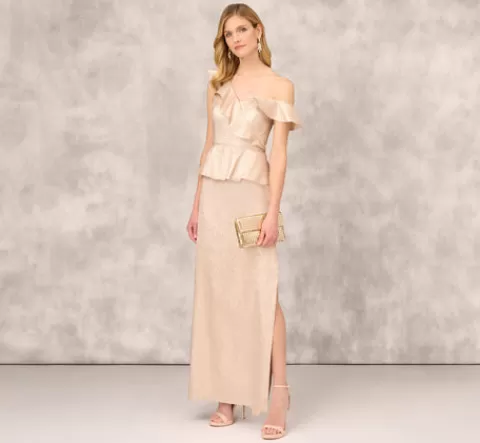 Adrianna Papell Asymmetrical Column Gown With Ruffle Details In TAUPE Shop