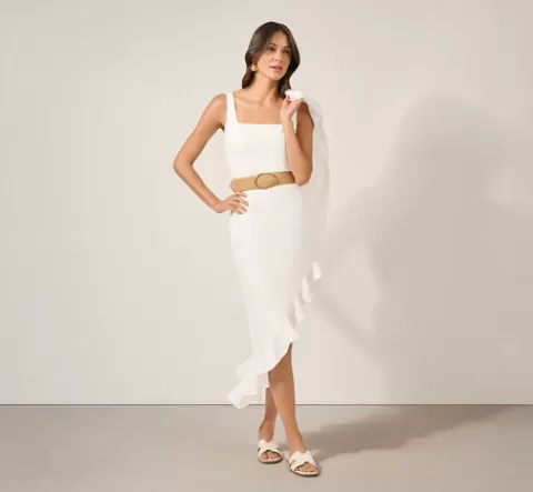 Adrianna Papell Asymmetrical Crepe Midi Dress With Flounce Hem In IVORY Flash Sale