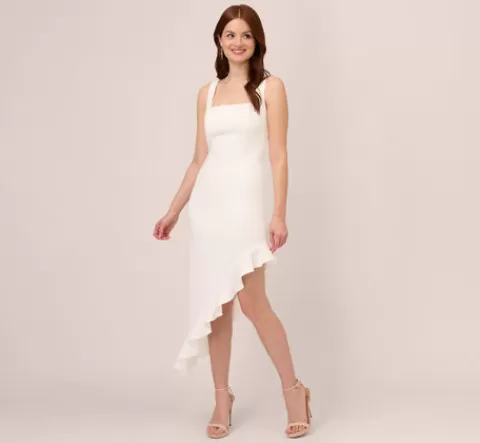 Adrianna Papell Asymmetrical Crepe Midi Dress With Flounce Hem In IVORY Flash Sale