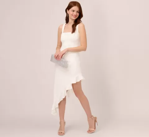 Adrianna Papell Asymmetrical Crepe Midi Dress With Flounce Hem In IVORY Flash Sale