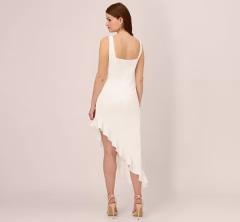 Adrianna Papell Asymmetrical Crepe Midi Dress With Flounce Hem In IVORY Flash Sale