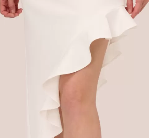 Adrianna Papell Asymmetrical Crepe Midi Dress With Flounce Hem In IVORY Flash Sale