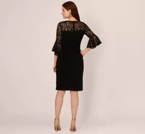 Adrianna Papell Banded Jersey Dress With Sheer Lace Bell Sleeves In BLACK Best Sale