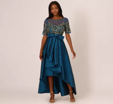 Adrianna Papell Bead Taffeta High Low Long Dress In Teal Sapphire Gold TEALSAPPHIRE-GOLD Shop