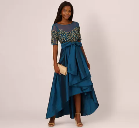 Adrianna Papell Bead Taffeta High Low Long Dress In Teal Sapphire Gold TEALSAPPHIRE-GOLD Shop