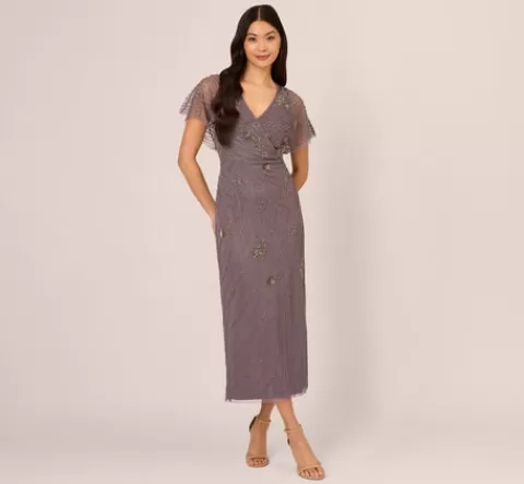 Adrianna Papell Beaded Ankle Length Dress With Sheer Flutter Sleeves In MOONSCAPE Flash Sale