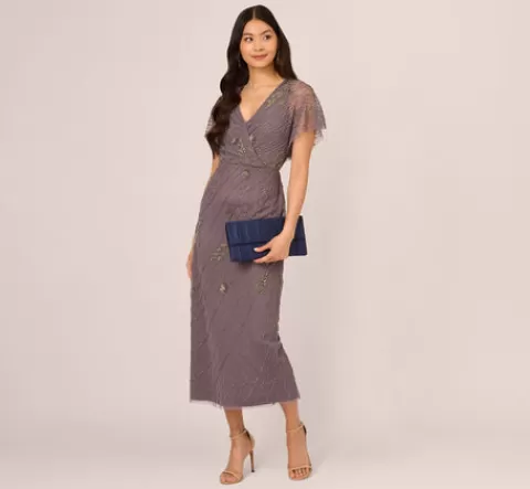 Adrianna Papell Beaded Ankle Length Dress With Sheer Flutter Sleeves In MOONSCAPE Flash Sale