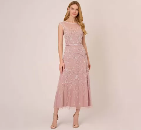 Adrianna Papell Beaded Ankle-Length Dress With Sheer Neckline In Dusted Petal Ivory DUSTEDPETAL-IVORY Discount