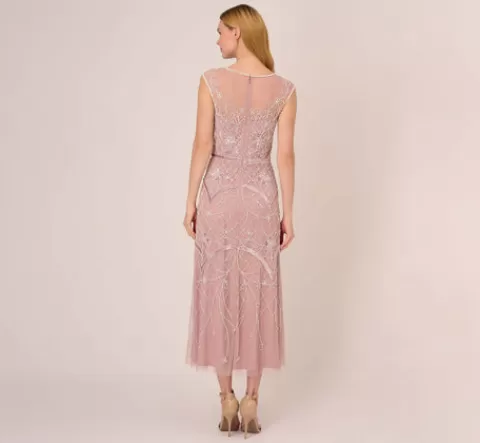Adrianna Papell Beaded Ankle-Length Dress With Sheer Neckline In Dusted Petal Ivory DUSTEDPETAL-IVORY Discount
