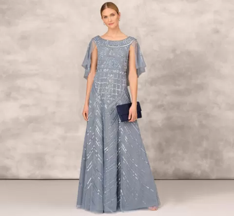 Adrianna Papell Beaded Ball Gown With Cape Sleeves In Vintage Blue VINTAGEBLUE Flash Sale