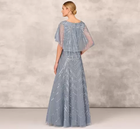 Adrianna Papell Beaded Ball Gown With Cape Sleeves In Vintage Blue VINTAGEBLUE Flash Sale