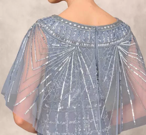 Adrianna Papell Beaded Ball Gown With Cape Sleeves In Vintage Blue VINTAGEBLUE Flash Sale