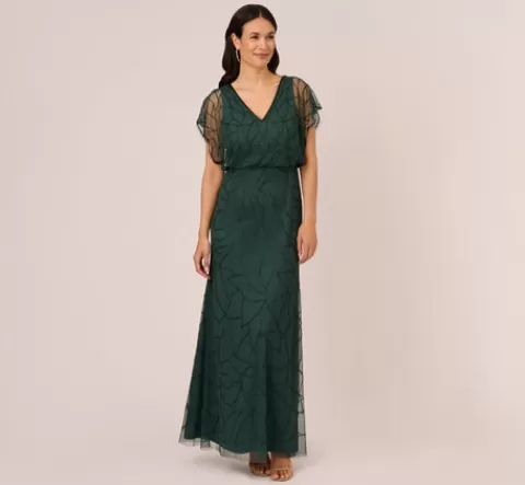 Adrianna Papell Beaded Blouson Mermaid Gown With Sheer Dolman Sleeves In Dusty Emerald DUSTYEMERALD Flash Sale