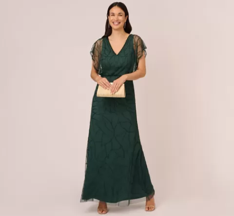 Adrianna Papell Beaded Blouson Mermaid Gown With Sheer Dolman Sleeves In Dusty Emerald DUSTYEMERALD Flash Sale