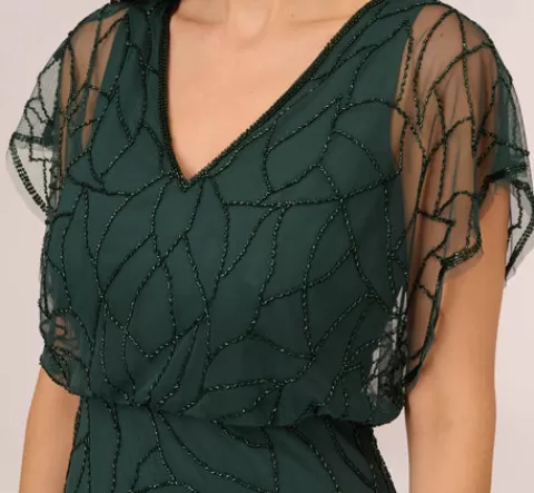 Adrianna Papell Beaded Blouson Mermaid Gown With Sheer Dolman Sleeves In Dusty Emerald DUSTYEMERALD Flash Sale