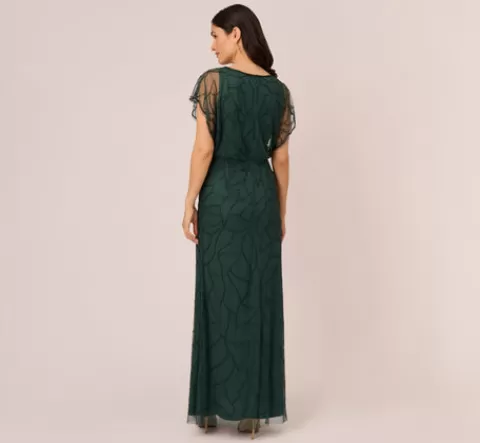 Adrianna Papell Beaded Blouson Mermaid Gown With Sheer Dolman Sleeves In Dusty Emerald DUSTYEMERALD Flash Sale
