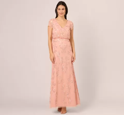 Adrianna Papell Beaded Blouson Mermaid Gown With Sheer Short Sleeves In Coral Coast CORALCOAST Best