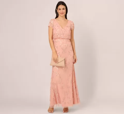 Adrianna Papell Beaded Blouson Mermaid Gown With Sheer Short Sleeves In Coral Coast CORALCOAST Best