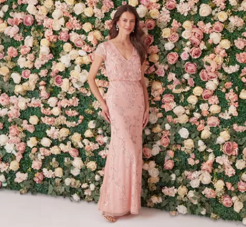 Adrianna Papell Beaded Blouson Mermaid Gown With Sheer Short Sleeves In Coral Coast CORALCOAST Best