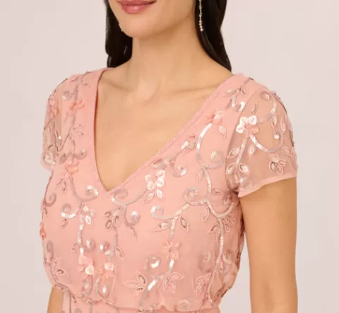 Adrianna Papell Beaded Blouson Mermaid Gown With Sheer Short Sleeves In Coral Coast CORALCOAST Best