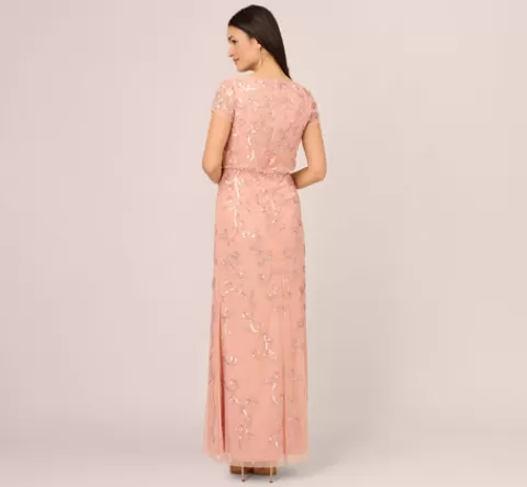 Adrianna Papell Beaded Blouson Mermaid Gown With Sheer Short Sleeves In Coral Coast CORALCOAST Best