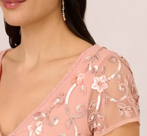 Adrianna Papell Beaded Blouson Mermaid Gown With Sheer Short Sleeves In Coral Coast CORALCOAST Best