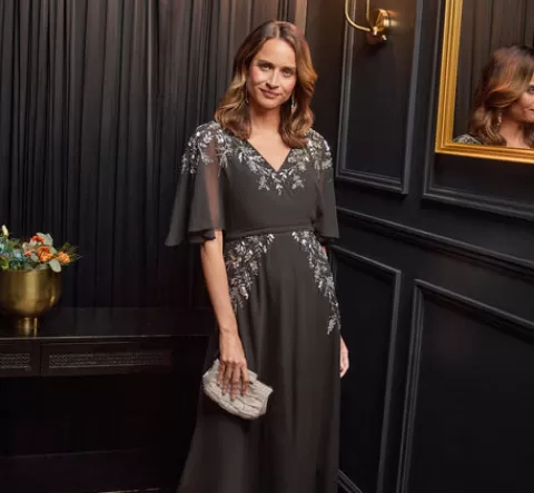 Adrianna Papell Beaded Chiffon Ankle Length Gown With Dolman Sleeves In BLACK Clearance