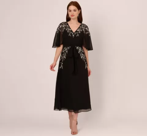 Adrianna Papell Beaded Chiffon Ankle Length Gown With Dolman Sleeves In BLACK Clearance