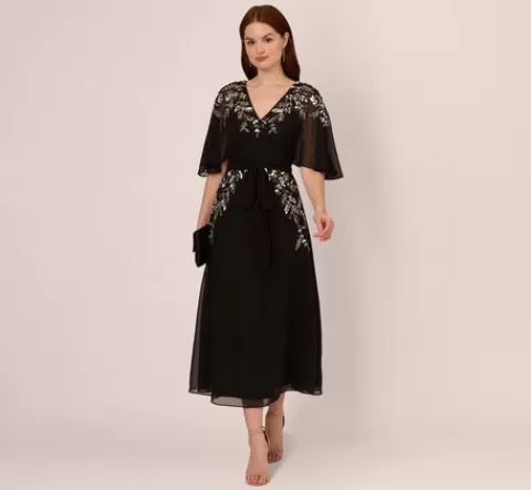 Adrianna Papell Beaded Chiffon Ankle Length Gown With Dolman Sleeves In BLACK Clearance