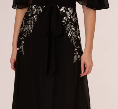 Adrianna Papell Beaded Chiffon Ankle Length Gown With Dolman Sleeves In BLACK Clearance
