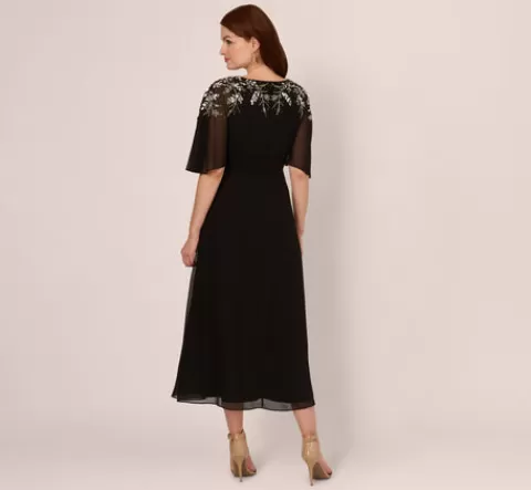 Adrianna Papell Beaded Chiffon Ankle Length Gown With Dolman Sleeves In BLACK Clearance
